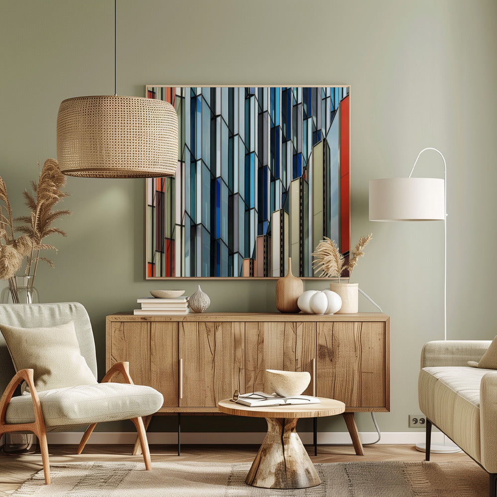 A close-up abstract photograph of a modern building's facade, featuring a complex pattern of colorful, angular glass panels in shades of blue, orange, red, and gray, all presented within a light wood frame. Wall Art