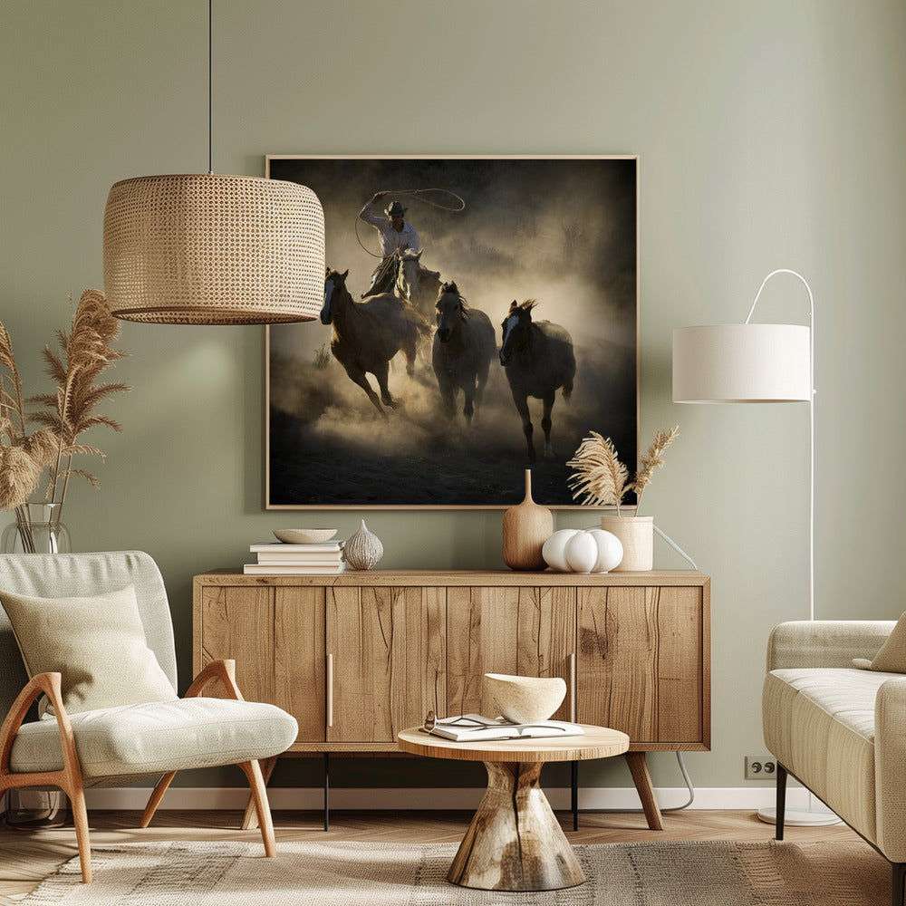 A dramatic, backlit photograph of a cowboy on horseback herding a small group of horses, kicking up a large cloud of dust as they gallop through a rustic landscape at sunrise or sunset. Poster