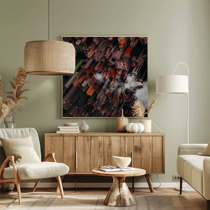 A dramatic, high-angle aerial photograph looking straight down into a super-dense, futuristic cityscape with towering skyscrapers packed together, featuring pops of orange and green among the dark buildings. Wisps of clouds float between the towers, and the image is presented in a light wood frame. Print