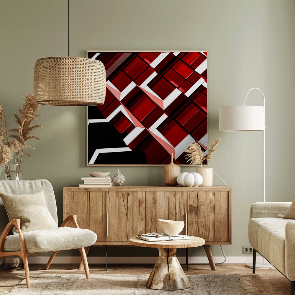 A close-up, angular photograph of a modern building's facade, framed in light wood. The composition is a dynamic geometric pattern of glossy red square panels, stark white lines, and deep black shadows, creating a sense of depth and abstract complexity. Wall Art