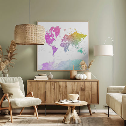 A framed art print of a world map featuring a colorful watercolor effect. The continents are painted in a rainbow gradient, transitioning from pink and purple in the Americas to yellow, green, and teal across Europe, Asia, Australia, and Antarctica, all set against a clean white background. Print