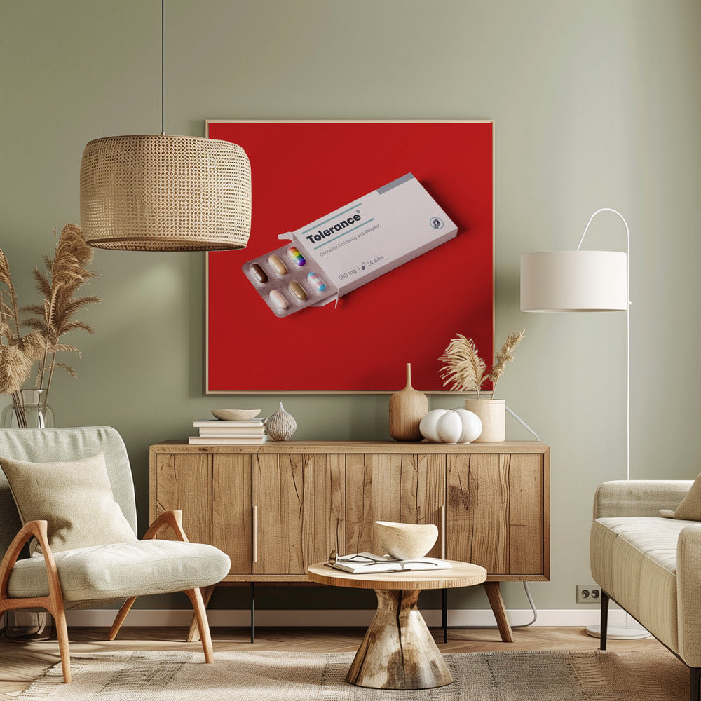 A framed conceptual art piece on a bright red background. It features a white medicine box labeled 'Tolerance', with a blister pack of pills emerging. Most pills are in various skin tones, but one is a rainbow pride flag and another is a transgender pride flag. Artwork
