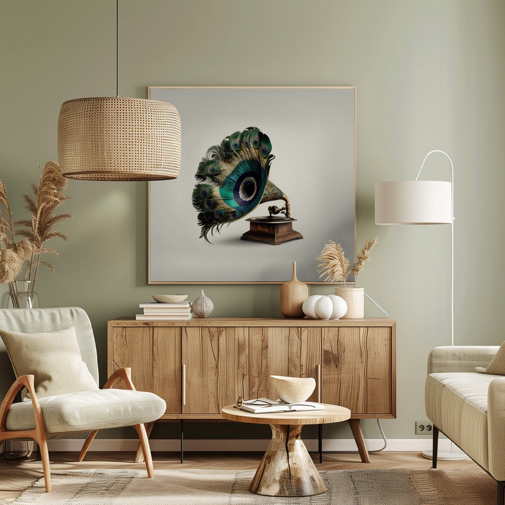 A surrealist artwork of a vintage gramophone where the horn is replaced by a large, fanned-out array of vibrant peacock feathers, complete with their iconic green and blue eye spots. The gramophone has a dark wood base and is set against a plain, off-white background, all within a light-colored wooden frame. Artwork