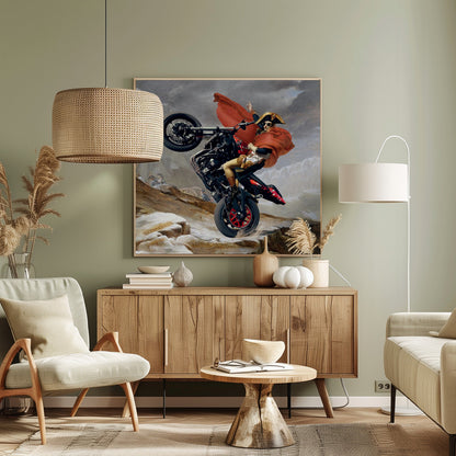 A framed parody artwork of the classic painting 'Napoleon Crossing the Alps.' Instead of a horse, Napoleon Bonaparte is performing a dramatic wheelie on a modern black and red motorcycle. He wears sunglasses, his signature bicorne hat, and a flowing red cape against a snowy, mountainous backdrop. Print