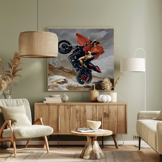 A framed parody artwork of the classic painting 'Napoleon Crossing the Alps.' Instead of a horse, Napoleon Bonaparte is performing a dramatic wheelie on a modern black and red motorcycle. He wears sunglasses, his signature bicorne hat, and a flowing red cape against a snowy, mountainous backdrop. Print