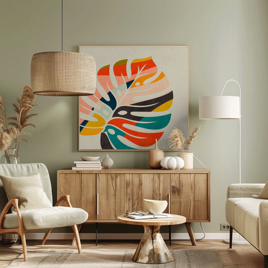 A framed abstract artwork featuring a stylized Monstera leaf. The leaf is composed of various colorful blocks and stripes in orange, teal, pink, and dark blue, set against a beige background. Print