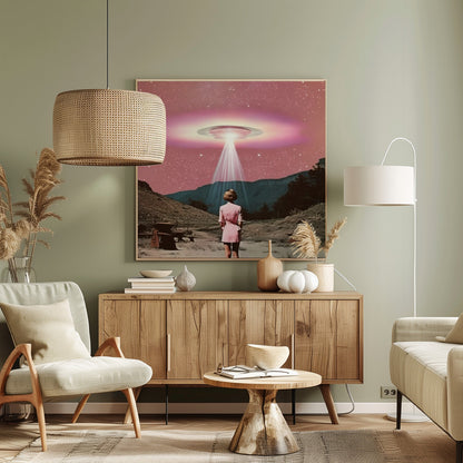 A vintage-style collage artwork in a wood frame depicting a woman in a pink dress standing in a desert landscape, looking up at a large UFO hovering in a pink, starry sky and beaming down a bright light. Print