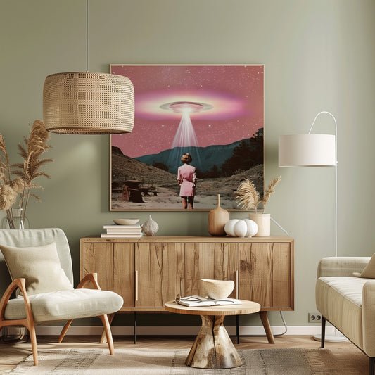 A vintage-style collage artwork in a wood frame depicting a woman in a pink dress standing in a desert landscape, looking up at a large UFO hovering in a pink, starry sky and beaming down a bright light. Print