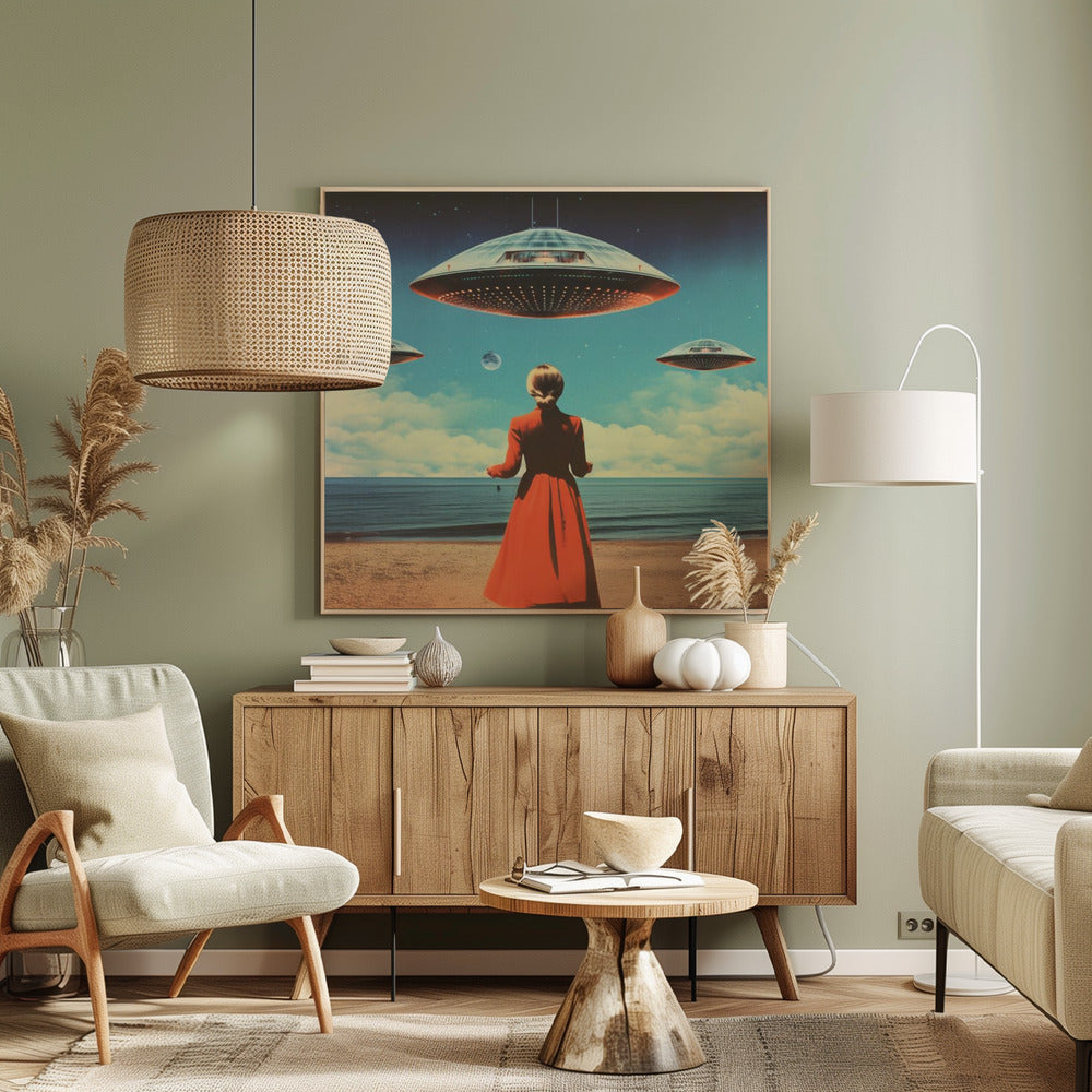A vintage-style collage artwork showing a woman in a long red coat standing on a sandy beach, looking up at three large flying saucers hovering in a surreal sky that transitions from day to night. Artwork