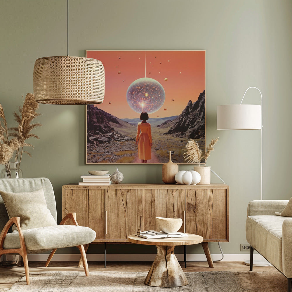 A vibrant collage art print featuring space and disco elements, with cosmic imagery, disco balls, and retro typography. Wall Art