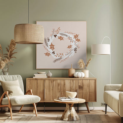 A square illustration of a winter wreath in a light wood frame. The artwork features a minimalist design with holly leaves, berries, and pine sprigs in shades of brown, terracotta, and soft pink on a white brushstroke base, all set against a pale blush pink background. Print