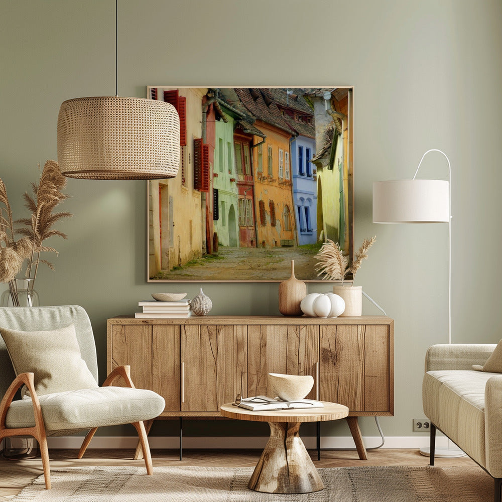 A narrow cobblestone street winds through a historic European town, flanked by colorful, weathered buildings in shades of cream, green, orange, and blue with red shutters, all under aged tile roofs and enclosed in a light wood frame. Artwork