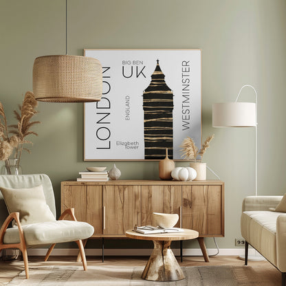 A modern art print in a light wood frame featuring a stylized black and gold silhouette of Big Ben. The image is on a white background with sans-serif text reading 'LONDON' and 'WESTMINSTER' vertically on either side, and 'BIG BEN', 'UK', and 'ENGLAND' centrally. Wall Art
