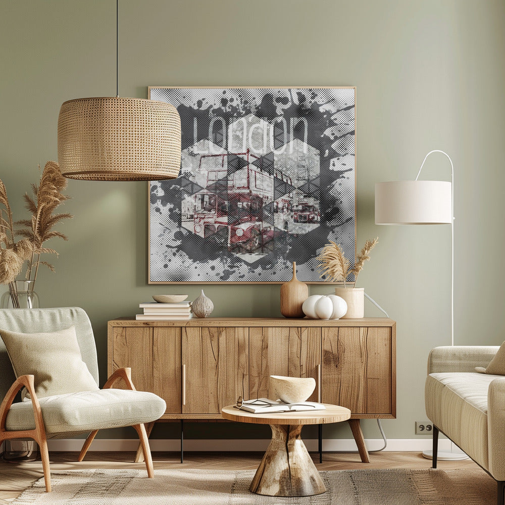 A framed modern art piece featuring a collage of London imagery, including a red double-decker bus and Big Ben, arranged in a hexagonal pattern. The artwork has a graphic, pop-art style with halftone dot effects and is surrounded by grey and black ink splatters, with the word 'london' visible at the top. Poster