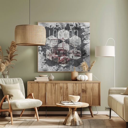 A framed modern art piece featuring a collage of London imagery, including a red double-decker bus and Big Ben, arranged in a hexagonal pattern. The artwork has a graphic, pop-art style with halftone dot effects and is surrounded by grey and black ink splatters, with the word 'london' visible at the top. Poster