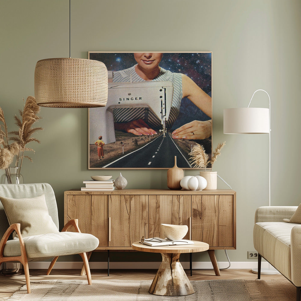 A surreal collage in a light wood frame featuring a giant woman in a striped dress using a vintage Singer sewing machine to stitch the white dashed lines onto an empty road that stretches into the distance. The background behind the woman is a starry galaxy, and a small woman in vintage clothing stands on the side of the road looking on. Print