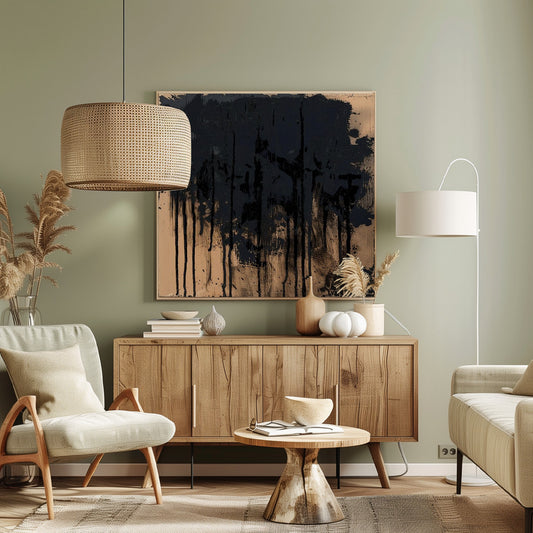 An abstract painting in a light wood frame featuring a textured beige background with thick, glossy black paint heavily applied across the top half, with prominent drips and splatters running down the canvas. Poster