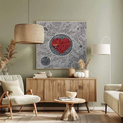 A detailed, hand-drawn typographic artwork with a black and white background filled with the names of various football clubs. At the center is a large, vibrant red heart containing the F.C. Barcelona crest and the word 'Barça' in stylized black script. The entire piece is enclosed in a light wood frame. Poster
