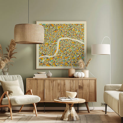 A framed, abstract map of London featuring a colorful mosaic of city blocks in orange, yellow, teal, and brown, with the River Thames winding through the center in a wide, cream-colored band. Poster