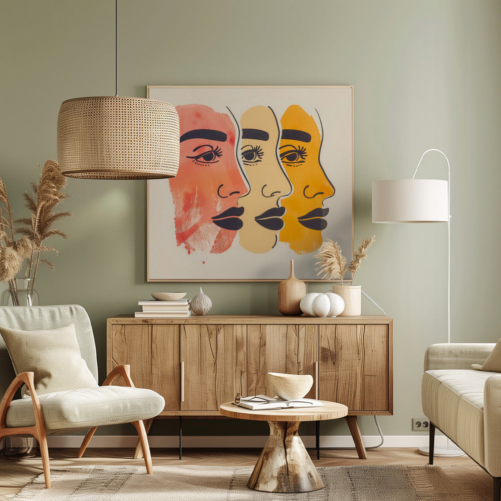 A framed piece of modern art depicting three stylized female faces in profile, layered one behind the other. The faces are rendered in shades of red-orange, pale yellow, and golden-orange, with bold black line work for the eyes, eyebrows, and lips, all set against a cream background. Print