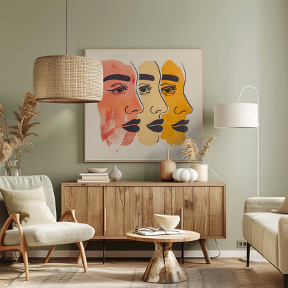 A framed piece of modern art depicting three stylized female faces in profile, layered one behind the other. The faces are rendered in shades of red-orange, pale yellow, and golden-orange, with bold black line work for the eyes, eyebrows, and lips, all set against a cream background. Print