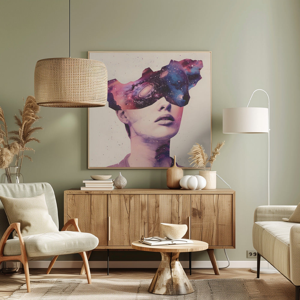 A surreal collage art piece featuring a portrait of a person's lower face. Their eyes are obscured by a cutout shape filled with a vibrant image of a colorful galaxy, complete with stars, nebulae, and a spiral galaxy. The artwork is presented in a light wood frame. Poster