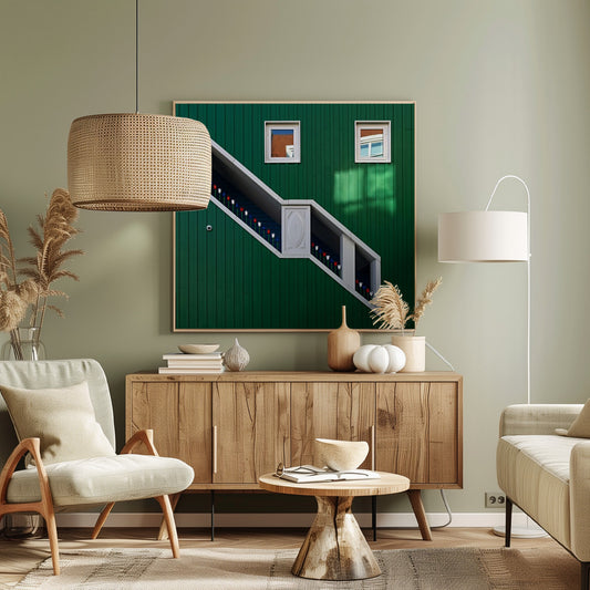 A framed photograph of a modern building with a dark green vertical-paneled facade, featuring a large, white-framed diagonal window that resembles a staircase, decorated with small red, white, and blue tulips. Two small square windows are positioned above. Decor
