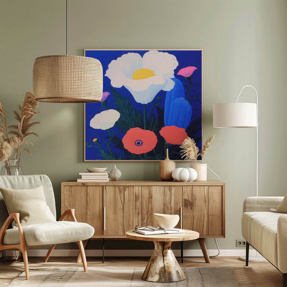 A vibrant, stylized painting of a bouquet of colorful poppies against a solid, deep blue background, enclosed in a light wood frame. The central flower is a large white poppy with a bright yellow center, surrounded by smaller red, pink, and white poppies, along with dark green leaves. Artwork