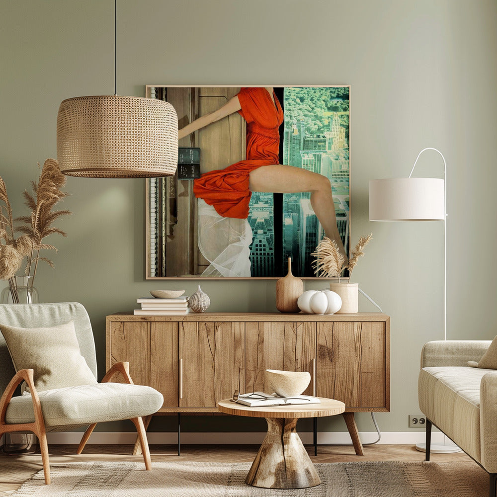A surrealist collage artwork in a light wood frame, featuring the fragmented body of a woman in a vibrant orange dress. Her arm reaches to touch the keys of an upright piano on the left, while her legs are positioned as if sitting on a ledge overlooking a teal-toned cityscape on the right. Artwork