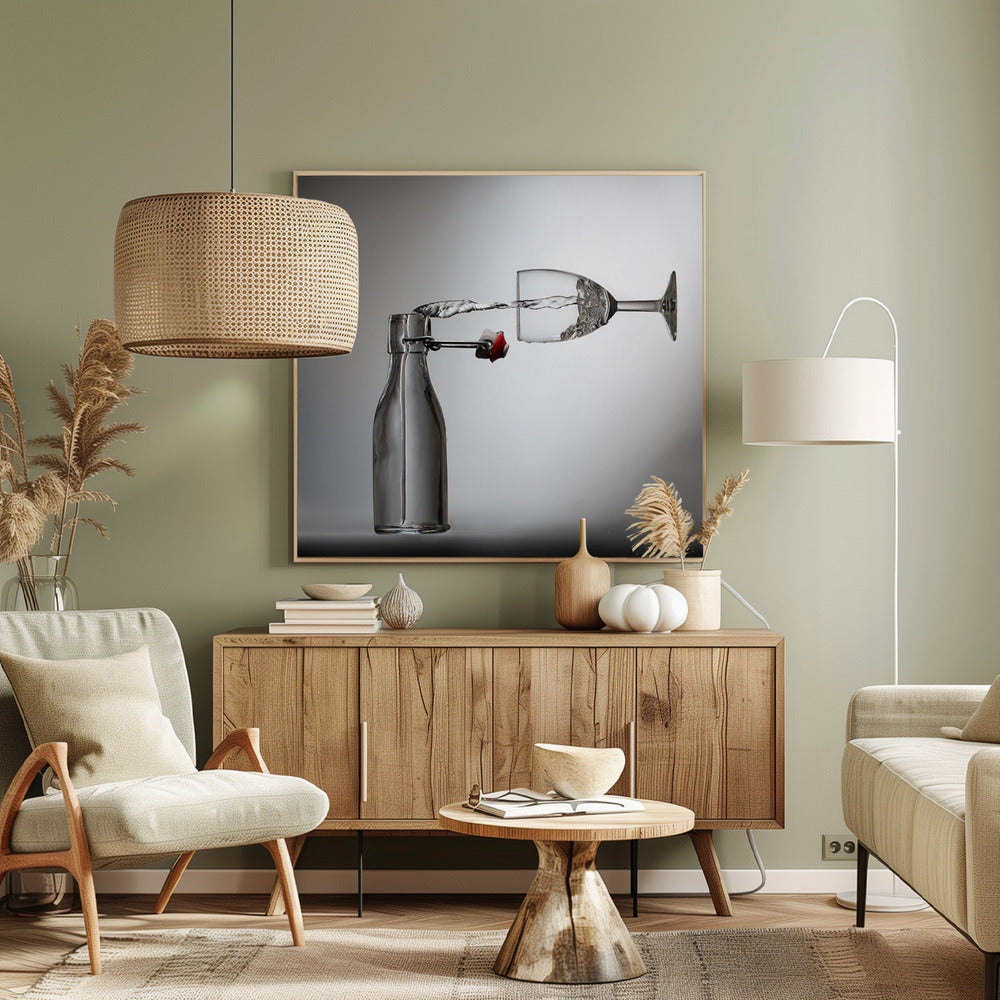 A conceptual photograph in a light wood frame depicting water pouring horizontally from an open swing-top glass bottle into a floating, sideways wine glass against a simple gray background, capturing the liquid in mid-air. Print