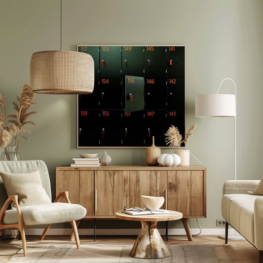 A head-on shot of a grid of black lockers inside a light wood frame. Each locker has a bright orange number and a key with a red tag. Locker number 150 is open, creating a focal point in the otherwise uniform pattern. Wall Art