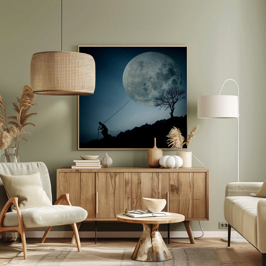A surreal, framed artwork depicting a silhouette of a person on a dark, rocky hill at night, pulling a rope attached to a massive, detailed full moon, seemingly trying to pull it from the dark blue, star-dusted sky. A bare, silhouetted tree stands on the same hill. Artwork