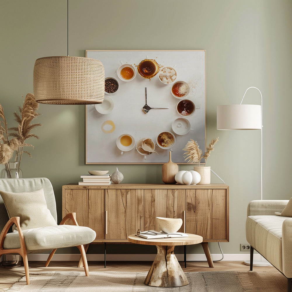 A creative flat lay photograph of a clock made from coffee cups and ingredients. Twelve white cups are arranged in a circle on a white background, each representing an hour and filled with different coffee-related items like beans, honey, sugar cubes, and various stages of coffee with milk splashing. In the center, two silver spoons form the hands of the clock. The entire image is presented within a light wood frame. Decor