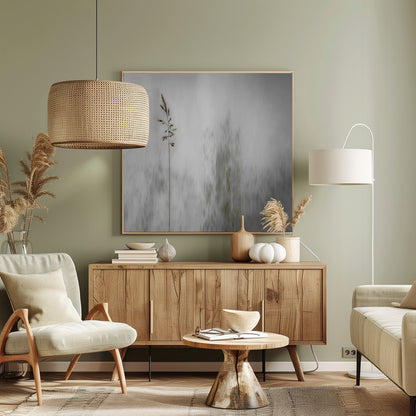 A minimalist photograph in a light wood frame featuring a single, delicate stalk of wild grass in sharp focus against a soft, vertically blurred background of gray and muted green tones, creating a tranquil and artistic impression. Print