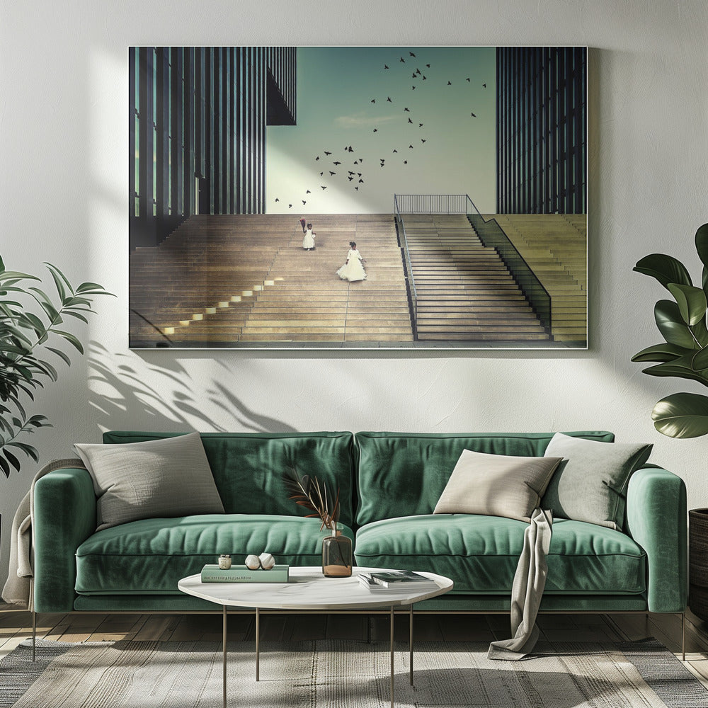A framed piece of art depicting two young girls in white dresses climbing a vast, modern concrete staircase flanked by two towering, dark buildings. A large flock of birds flies through the teal sky above them, adding a sense of movement to the structured, architectural scene. Poster