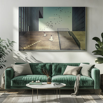 A framed piece of art depicting two young girls in white dresses climbing a vast, modern concrete staircase flanked by two towering, dark buildings. A large flock of birds flies through the teal sky above them, adding a sense of movement to the structured, architectural scene. Poster