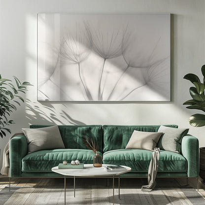 A soft-focus, monochrome macro photograph of several delicate dandelion seeds against a light cream background, presented in a silver frame. Artwork
