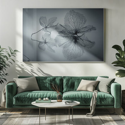 A framed, monochromatic photograph of two delicate skeleton flowers resting on a reflective surface. The intricate, web-like veins of the dried flowers are shown in close-up detail, and their faint reflections are visible below. The background is a soft, out-of-focus gray gradient. Artwork