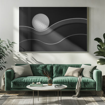 A framed, minimalist black and white photograph of a golf ball resting on a gracefully curving gray surface against a solid black background. Wall Art