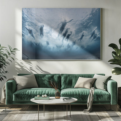 An underwater photograph looking up at a group of swimmers competing in a race. Their bodies are silhouetted against the bright surface of the turbulent blue water, captured mid-motion amidst a flurry of bubbles and foam. Print