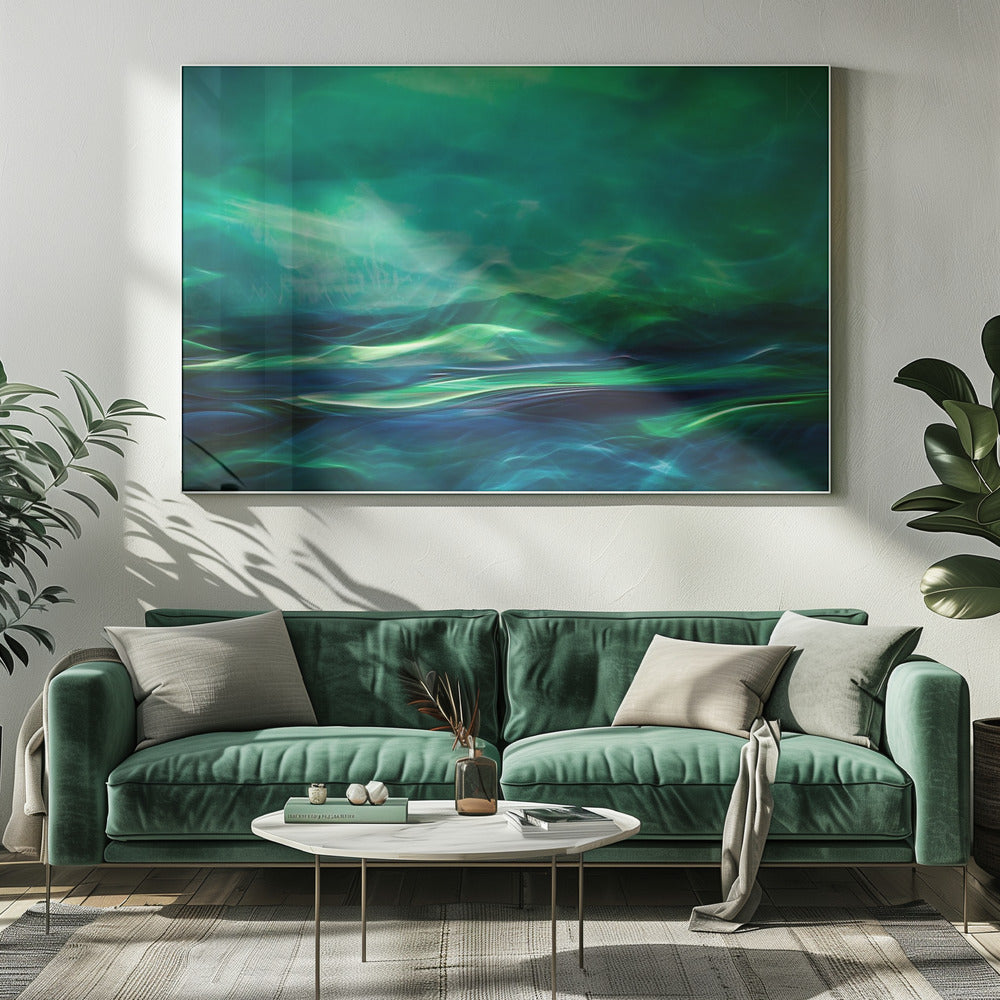 A framed abstract artwork featuring a luminous, dreamlike landscape of swirling green and blue light. The top half glows with a vibrant green haze like the northern lights, while the bottom half depicts dark blue and green waves with bright, energetic highlights, creating a sense of mystical water and sky. Wall Art