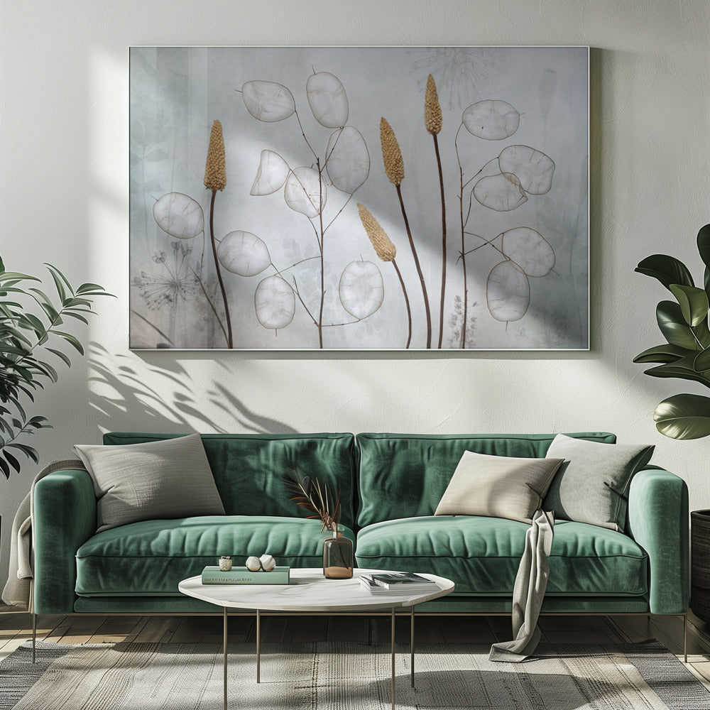 A framed botanical artwork featuring delicate dried stems of silver dollar plants (Lunaria annua) with their translucent white pods, alongside taller brown grasses. The arrangement is set against a muted, pale blue-gray background with faint floral imprints, creating a serene and natural composition. Wall Art