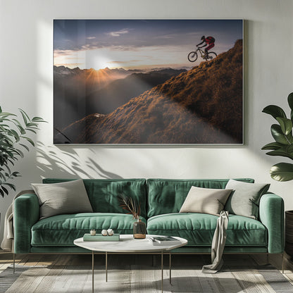 A mountain biker in mid-air, jumping down a steep grassy mountain ridge at sunrise. The sun is low on the horizon, casting a golden glow and long sunbeams over a vast, layered mountain range in the background. Poster