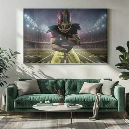 A framed poster of a determined football player in a red and yellow uniform standing on a field in a packed stadium. He is holding a football close to his chest with his head bowed, under bright stadium lights. Decor