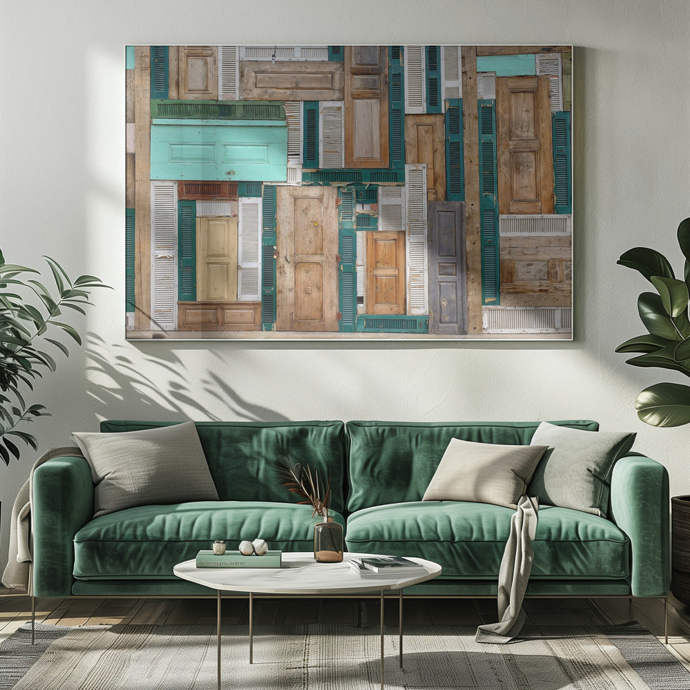 A framed art piece featuring a chaotic collage of various old, weathered wooden doors and window shutters arranged in a dense patchwork, showcasing a rustic texture and colors like natural wood, teal, green, and distressed white. Wall Art