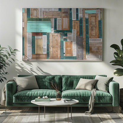 A framed art piece featuring a chaotic collage of various old, weathered wooden doors and window shutters arranged in a dense patchwork, showcasing a rustic texture and colors like natural wood, teal, green, and distressed white. Wall Art