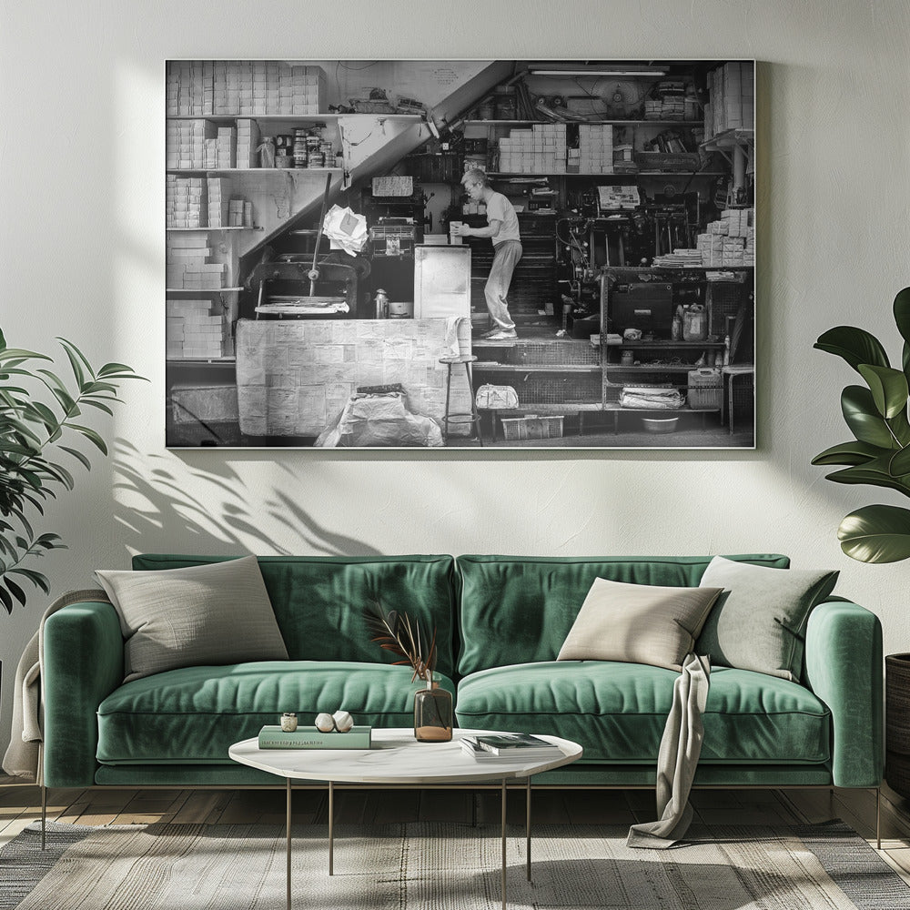 A vintage art print depicting a small, old-fashioned printing shop interior, showcasing antique machinery and a nostalgic atmosphere. Artwork