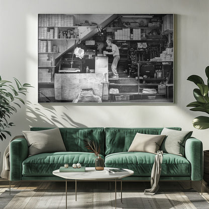 A vintage art print depicting a small, old-fashioned printing shop interior, showcasing antique machinery and a nostalgic atmosphere. Artwork