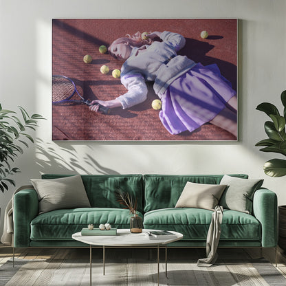 A high-angle shot of a young woman with pink hair lying on a red clay tennis court, surrounded by yellow tennis balls. She wears a grey sweater, a white collared shirt, and a purple pleated skirt, and holds a tennis racket in one hand. The scene is framed with a silver border. Wall Art