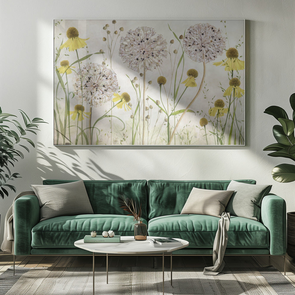 A framed botanical artwork featuring a delicate arrangement of pressed and dried flowers. Large, spherical white allium seed heads stand tall among numerous yellow coneflowers with prominent centers. Slender green stems and leaves fill the composition against a soft, light-textured background, creating a serene, natural scene. Decor